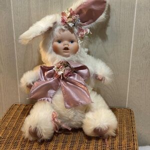 Vintage pink and White Bunny Doll with porcelain face